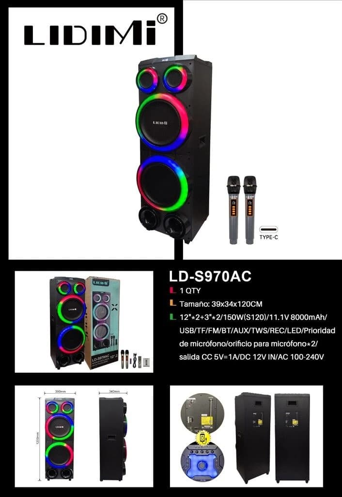 Parlante Torre De 12¨*2 +3¨*2 Pulgadas Usb,bt,tf 150w Lidimi Ld-s970ac — imagen 1