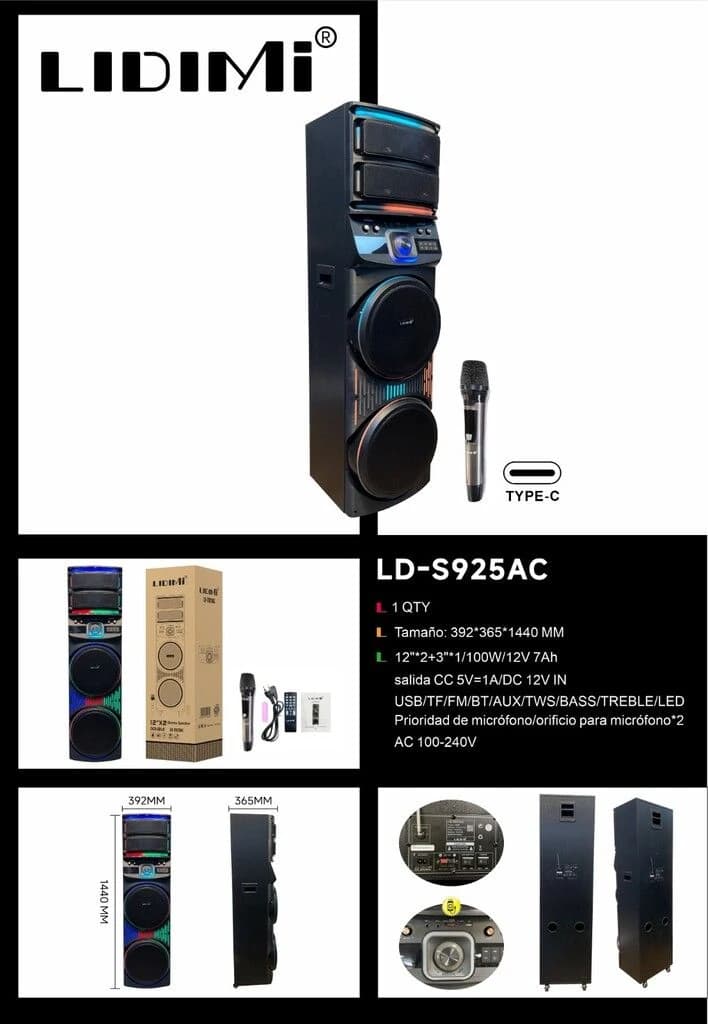 Parlante Torre Grande De 12''x2+ 3''x2 Fm,usb.bt 100w Reales Ld-s925ac — imagen 1