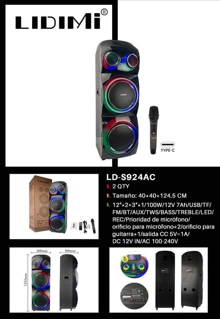 Parlante Torre Lidimi S924ac Usb/tws/tf/bt/bass/aux 12¨ X 2 100w — imagen 1