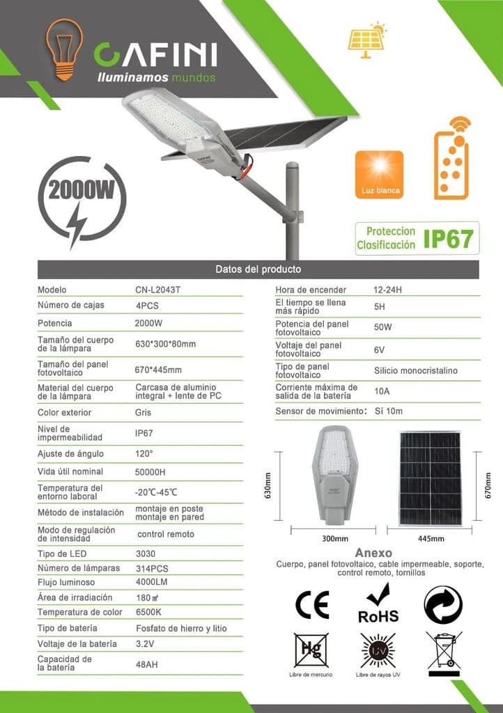Reflector Para Exterior Solar De 2000w Reales Cafini Cn-l2043t — imagen 1