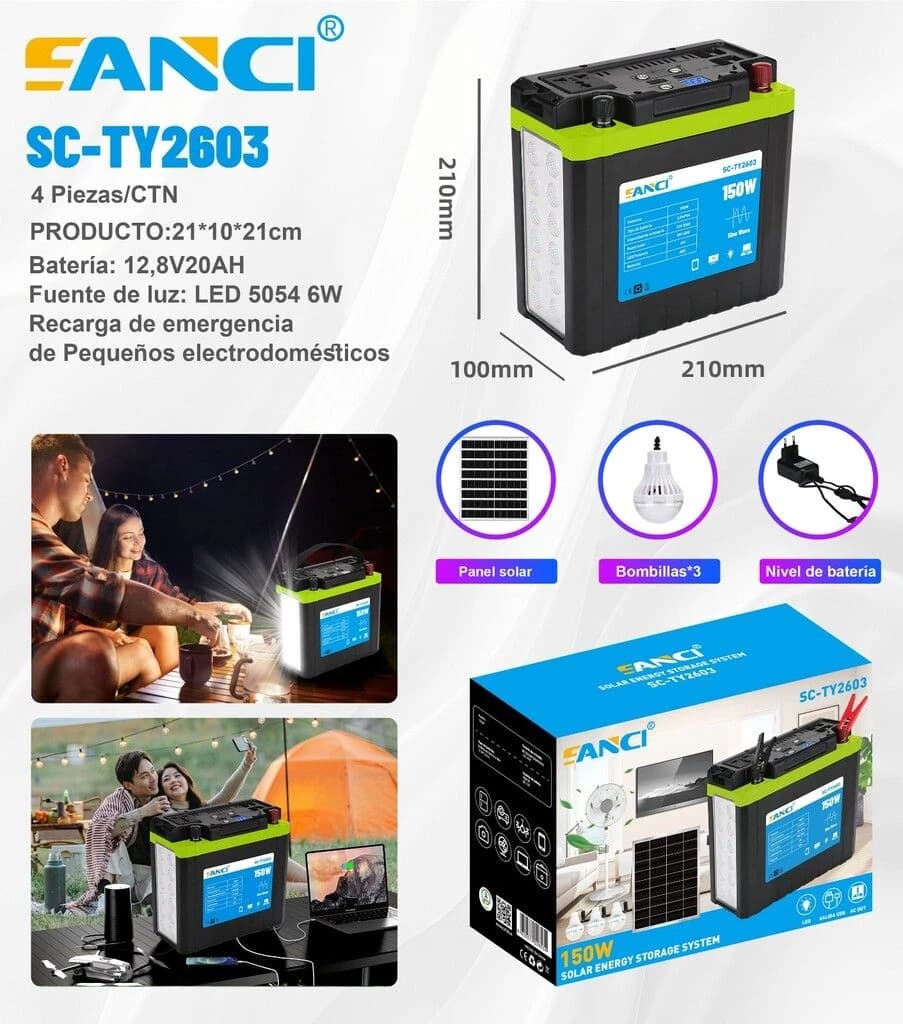 Sistema De Iluminacion Solar Portatil 150w C/panel Solar + 3 Focos Sc-ty2603 — imagen 1